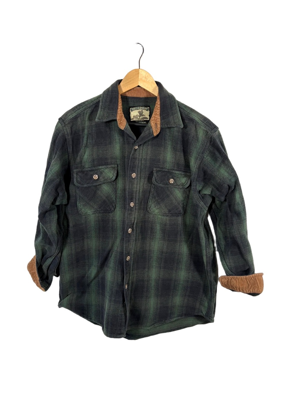 Field & Stream Green Black Plaid Shirt Corduroy Trim Long Sleeve Outdoor